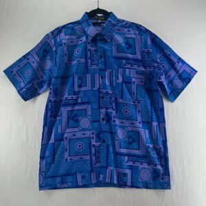 Thai Silk Shirt Men M Short Sleeve Button Up Resort Ethnic Geometric Blue Purple